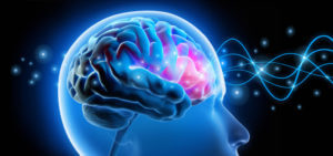 Male head with brain activity and Brain waves.